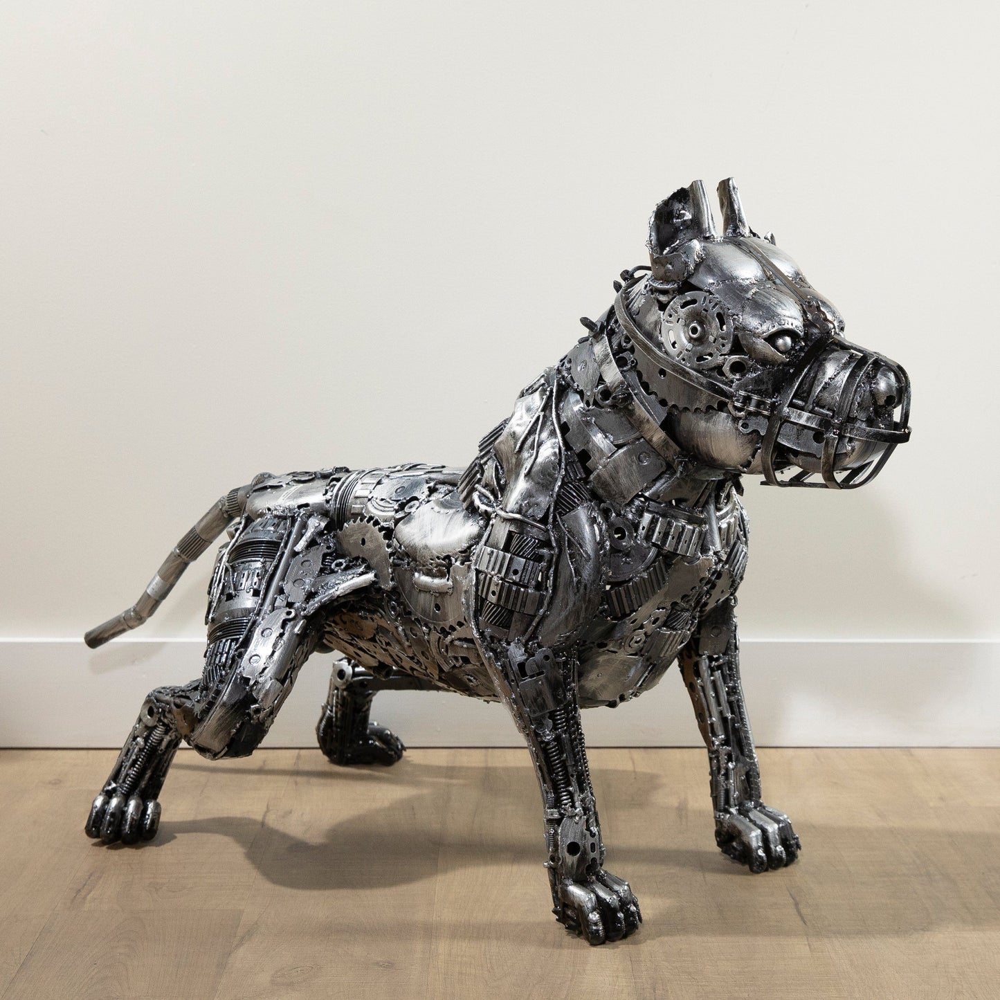 Pitbull metal sculpture angle view