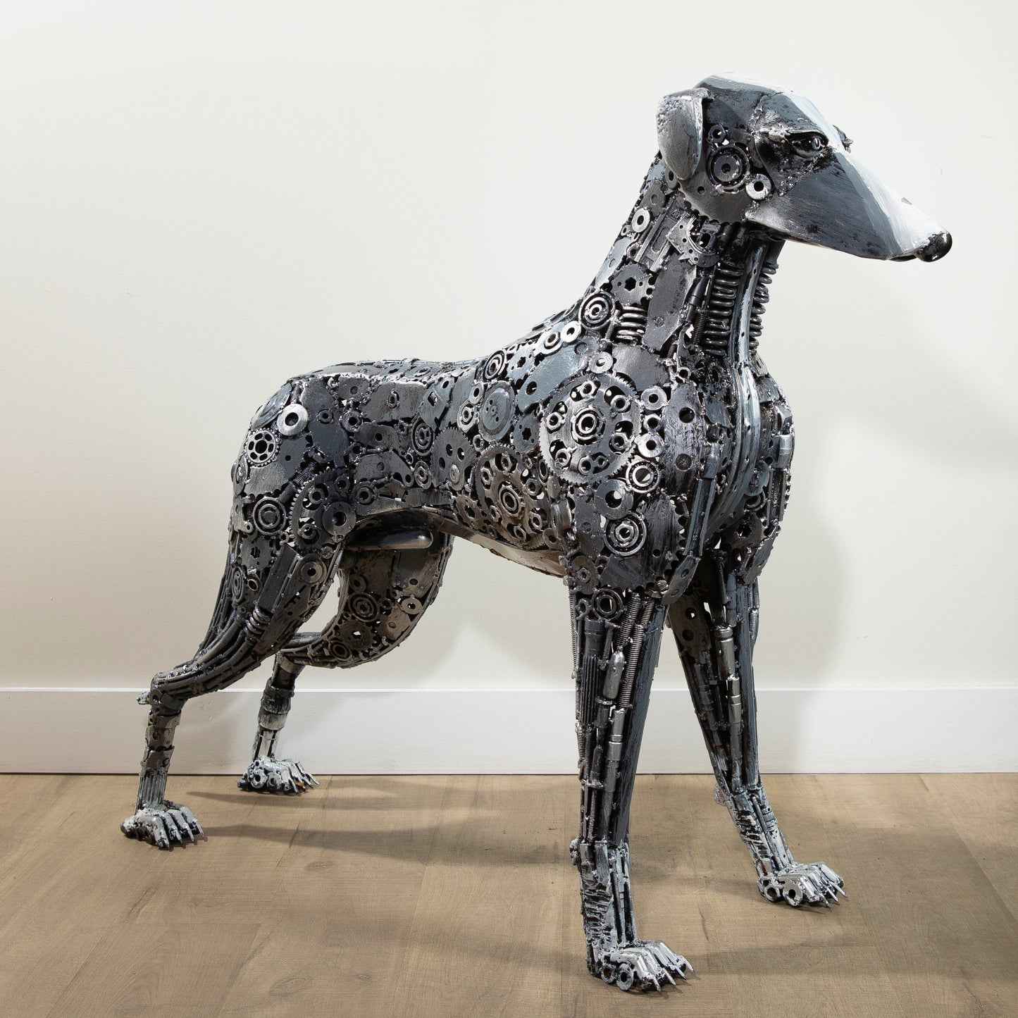 Greyhound metal sculpture angle view