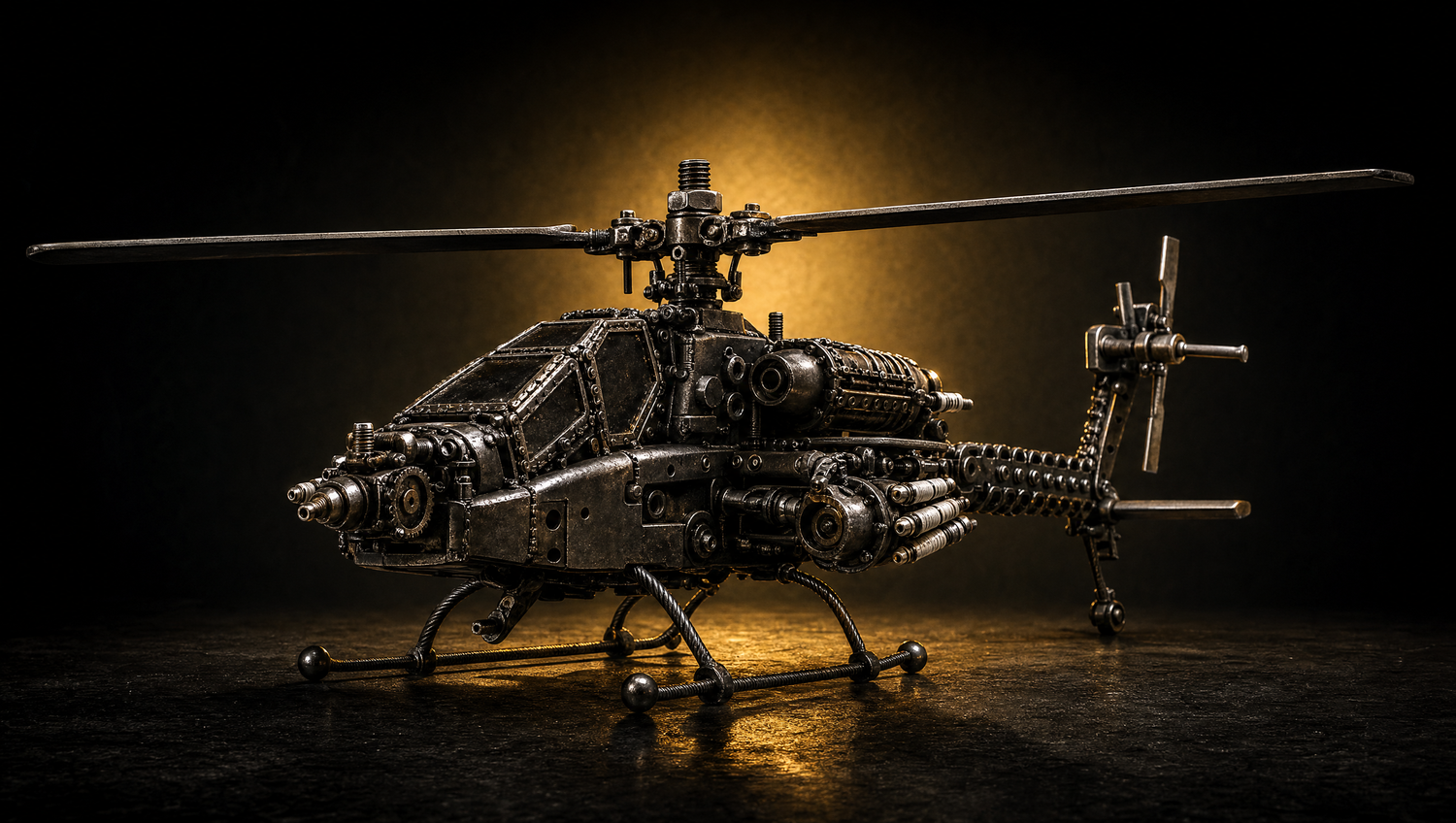 Vehicles & Racing recycled metal art — hand-welded helicopter sculpture in dramatic gold studio lighting
