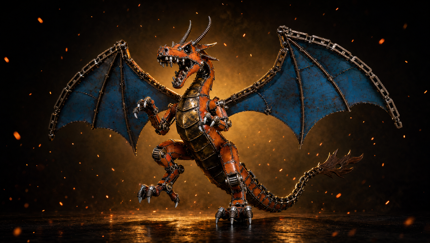 Pokémon-inspired recycled metal art — hand-welded Charizard sculpture with gold rim lighting