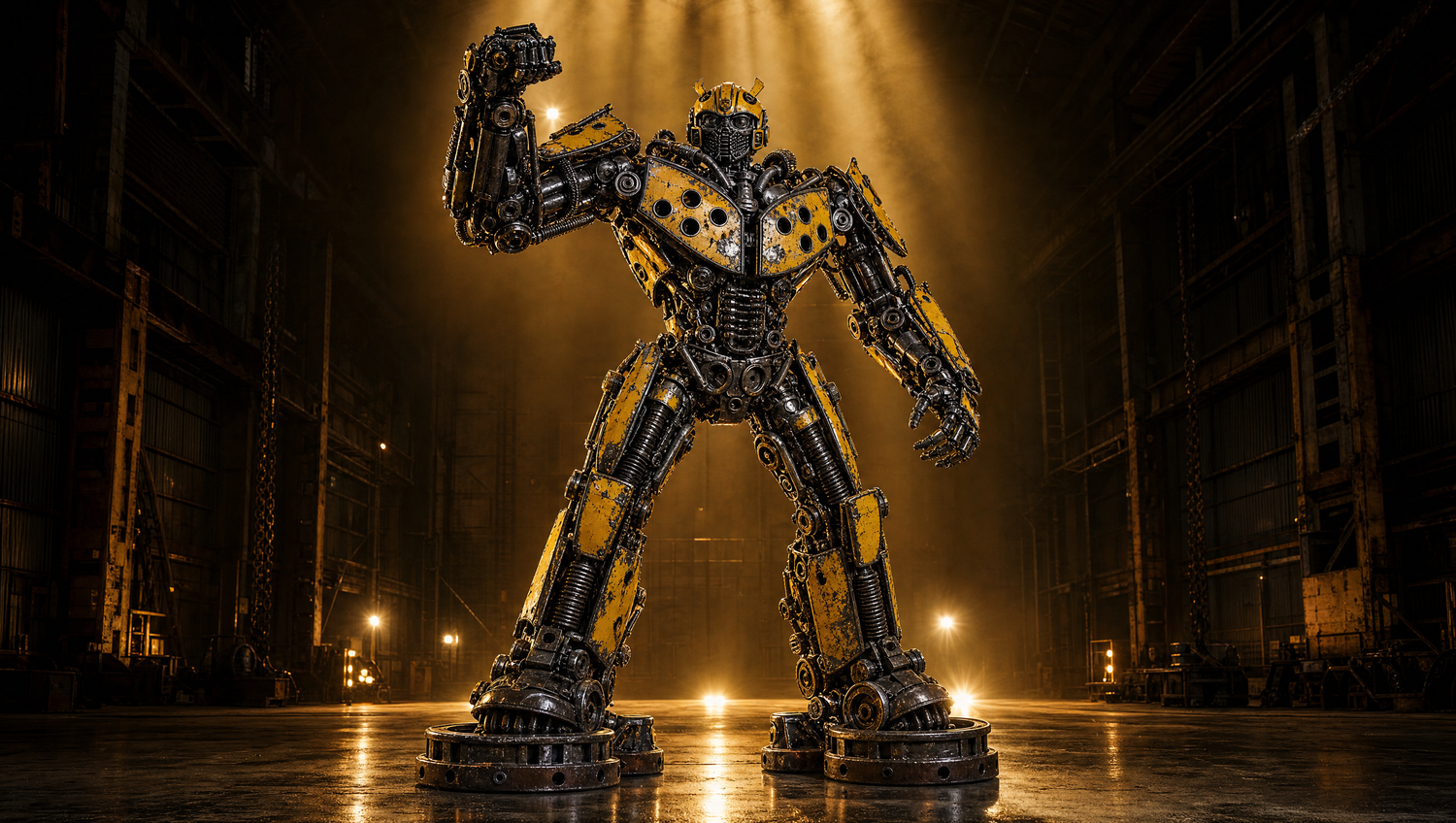 Transformers-inspired recycled metal art — hand-welded Bumblebee sculpture in an industrial hangar glow