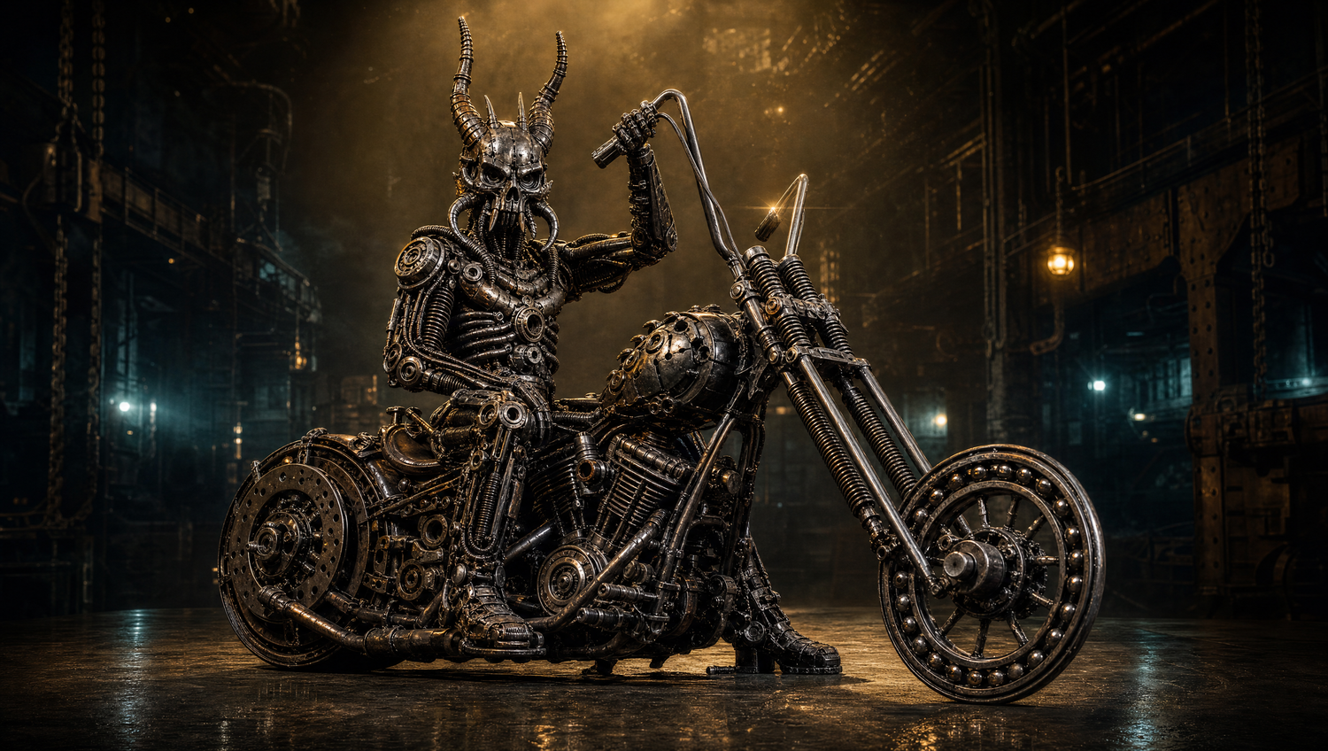 Sci-fi recycled metal art — hand-welded rider sculpture in a moody industrial bay