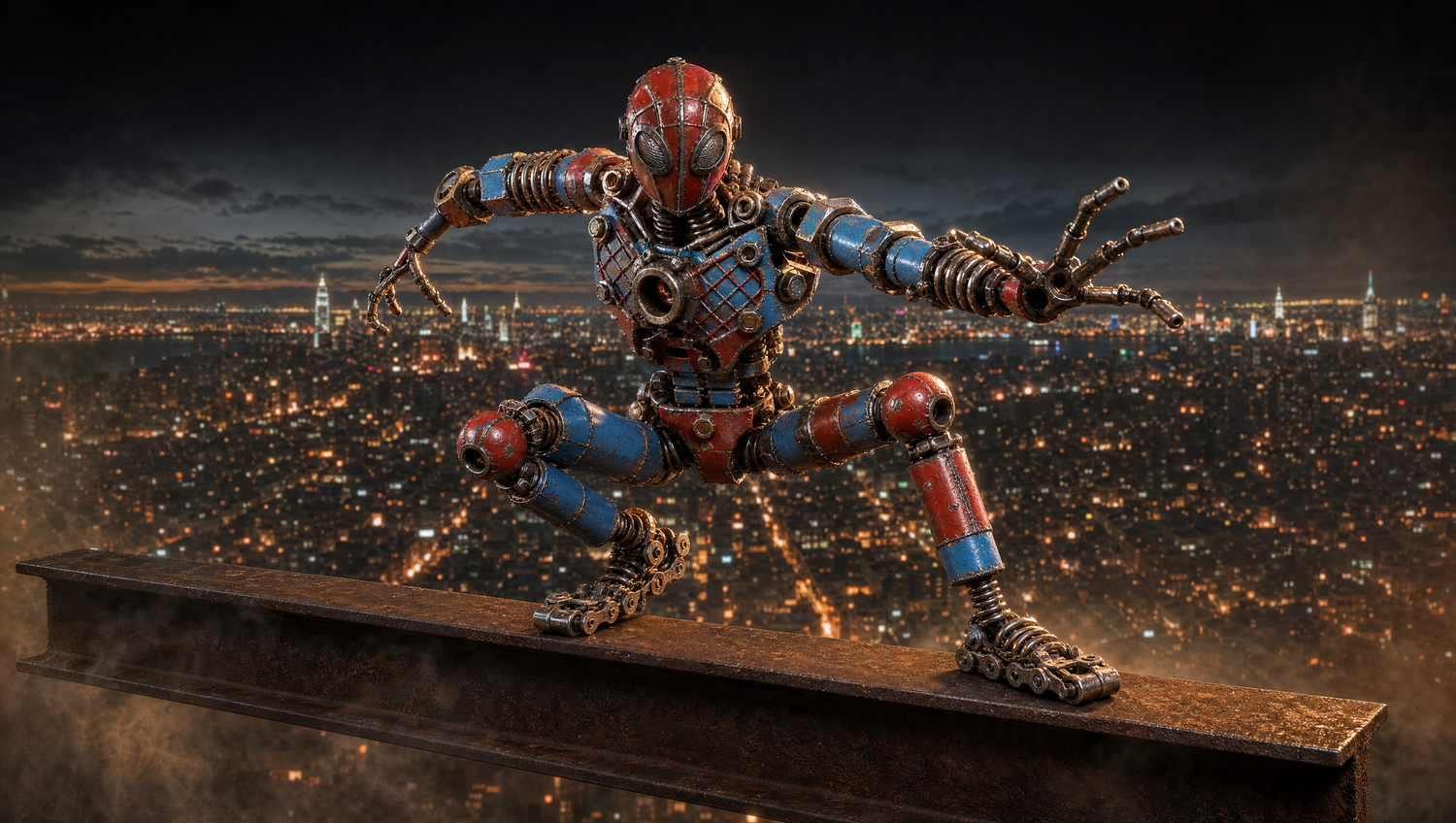 Superhero recycled metal art — hand-welded hero sculpture perched over a dark city glow