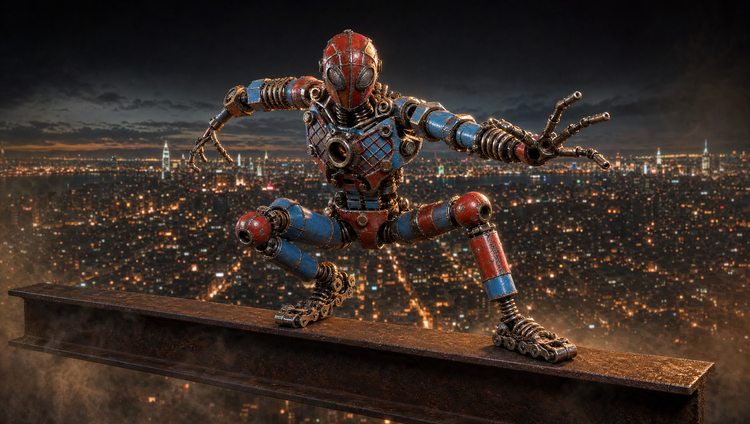 Superhero recycled metal art — hand-welded hero sculpture perched over a dark city glow