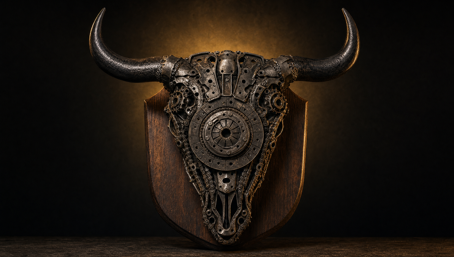 Bull skull recycled metal art — hand-welded sculpture on weathered wood with warm spotlight