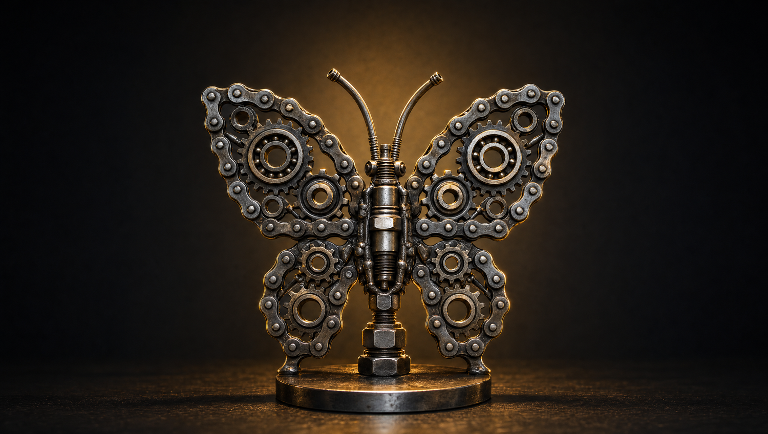 Animal kingdom recycled metal art — hand-welded monarch butterfly sculpture catching gold light