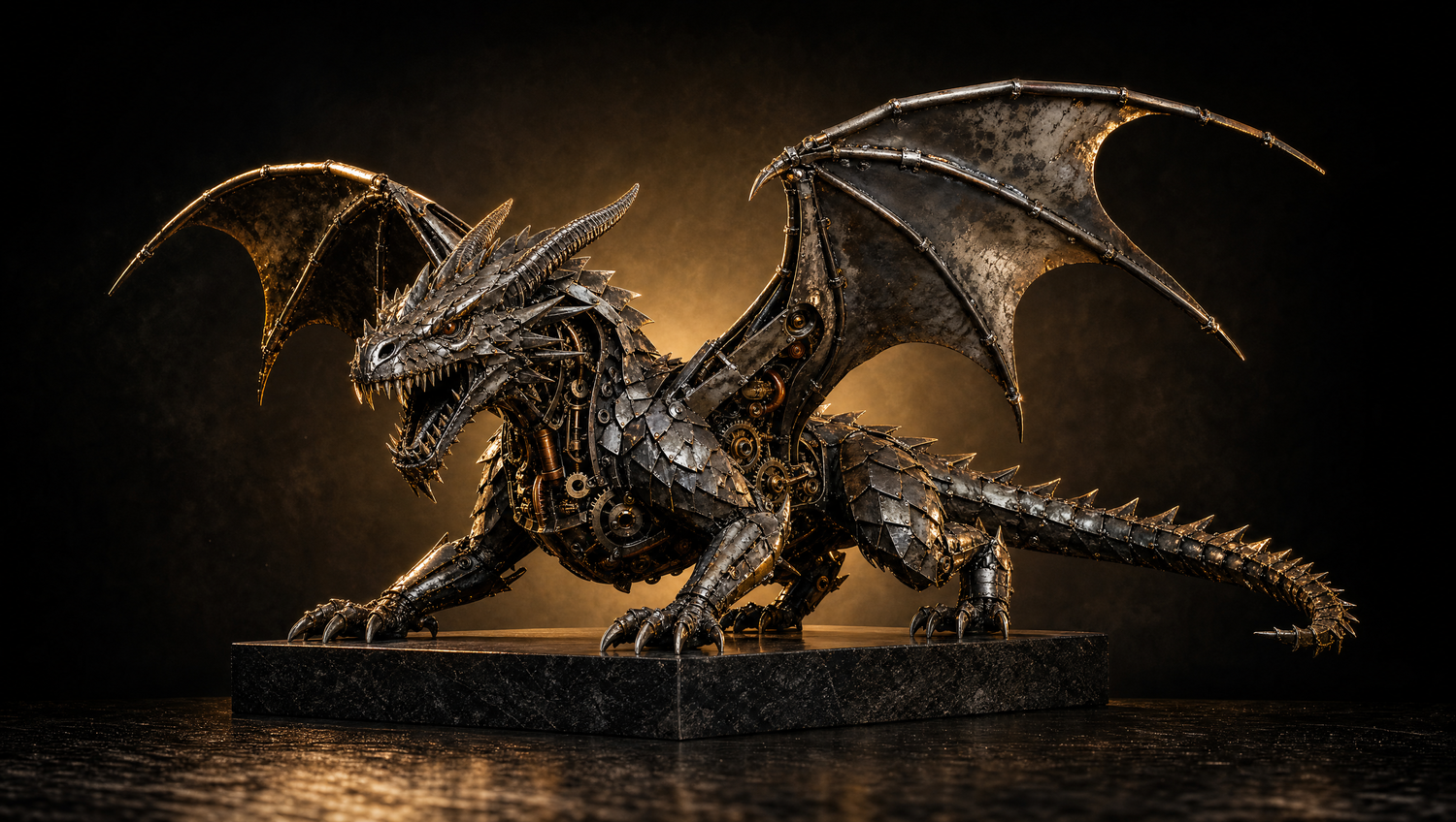 Best sellers — hand-welded dragon recycled metal sculpture on a pedestal in gold studio light