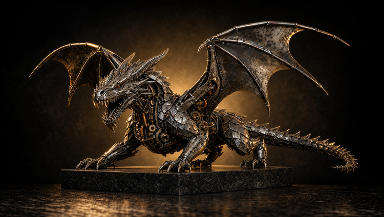 Best sellers — hand-welded dragon recycled metal sculpture on a pedestal in gold studio light