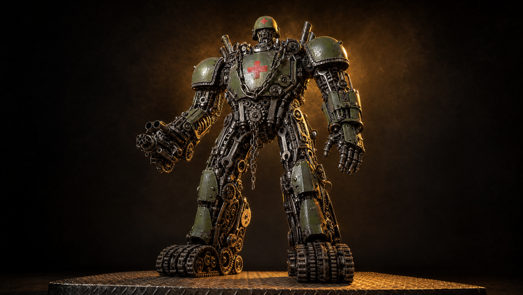 Larger-than-life recycled metal art — towering hand-welded sculpture from a low dramatic angle
