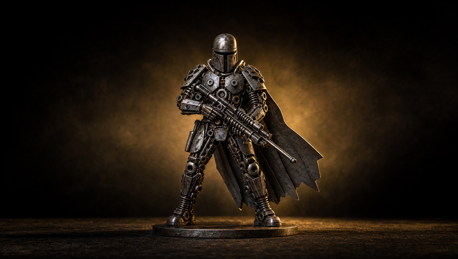 Star Wars-inspired recycled metal art — hand-welded armored figure sculpture in dramatic side light