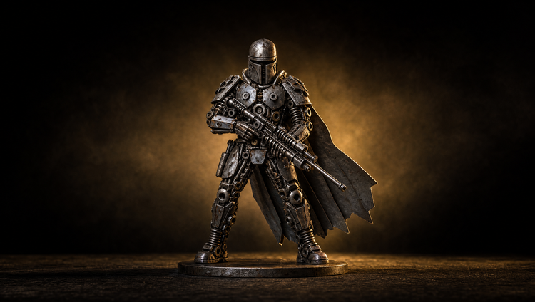 Star Wars-inspired recycled metal art — hand-welded armored figure sculpture in dramatic side light