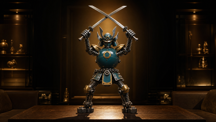 Floor and table recycled metal art — hand-welded samurai sculpture in a refined dark living room
