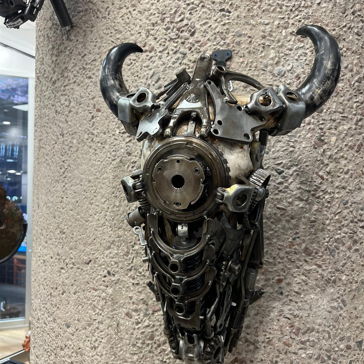 Bull skull recycled metal art — numbered one-of-a-kind edition hand-welded from reclaimed parts — Vault 88