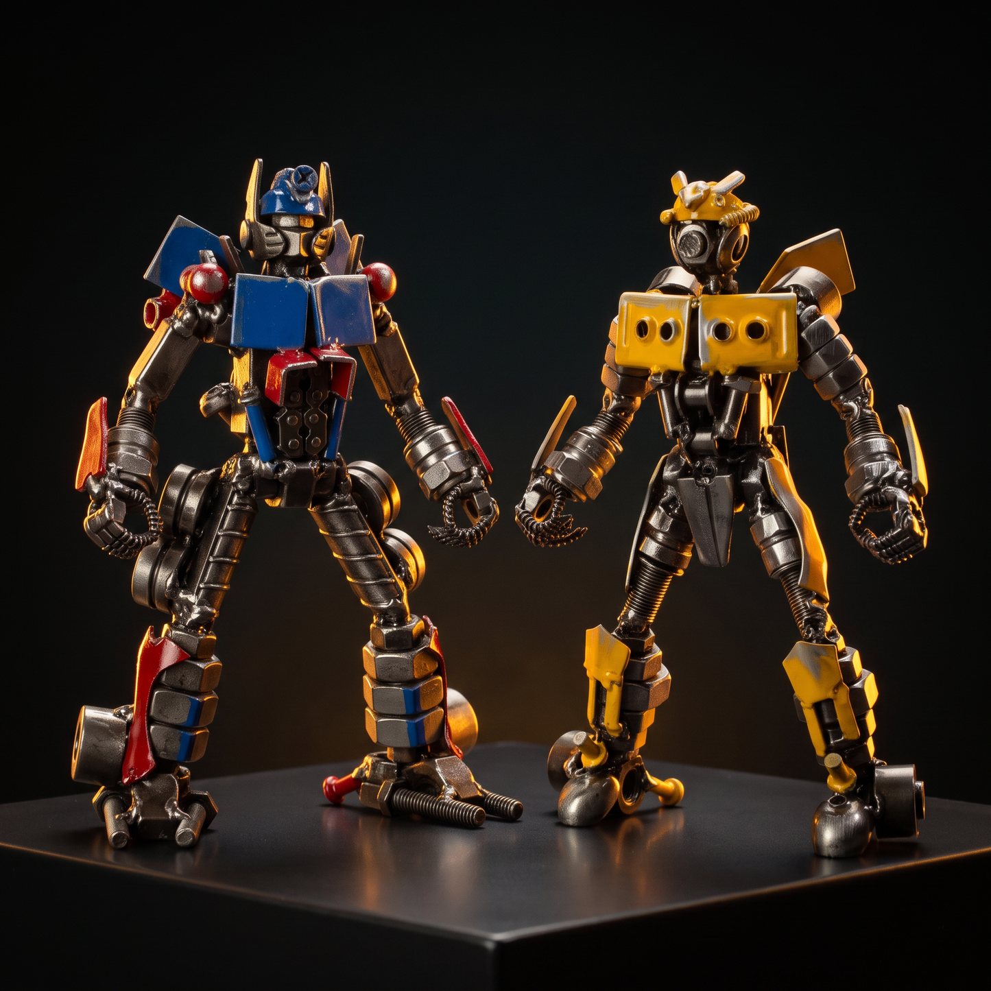 Optimus Prime and Bumblebee inspired duo displayed together