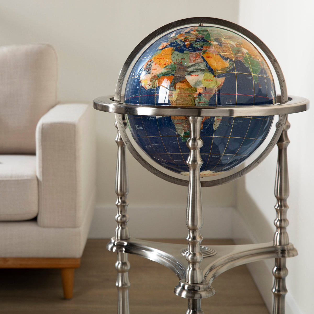 37" Tall Gemstone Globe with 13" Lapis Ocean on Ambassador Antique Silver 3-Leg High Stand — Vault 88