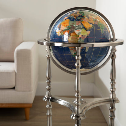 37" Tall Gemstone Globe with 13" Lapis Ocean on Ambassador Antique Silver 3-Leg High Stand — Vault 88