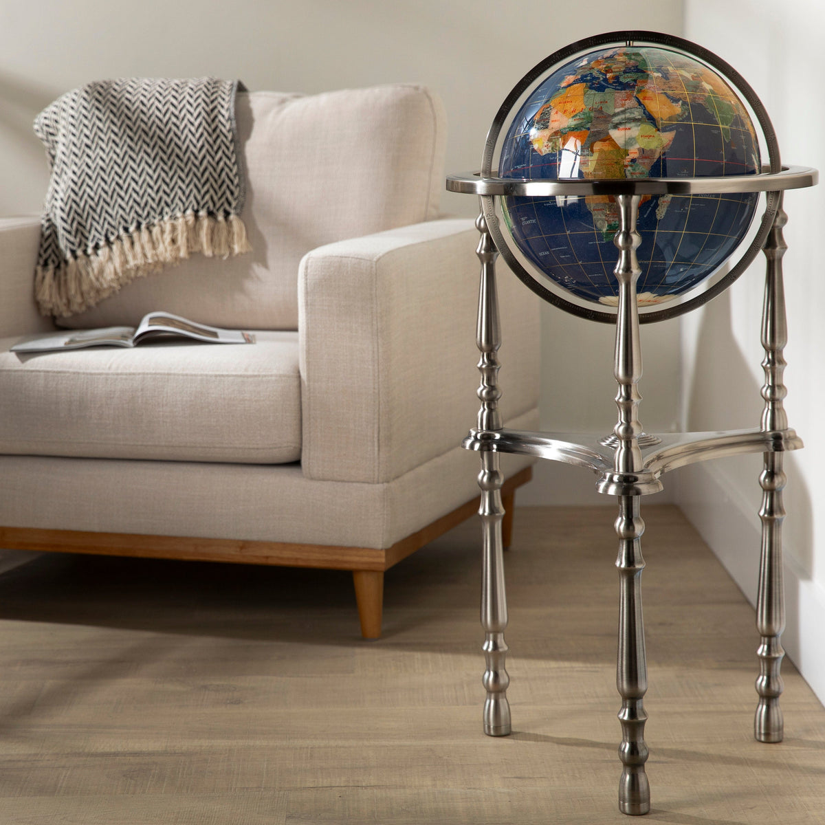 37" Tall Gemstone Globe with 13" Lapis Ocean on Ambassador Antique Silver 3-Leg High Stand — Vault 88