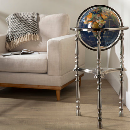 37" Tall Gemstone Globe with 13" Lapis Ocean on Ambassador Antique Silver 3-Leg High Stand — Vault 88