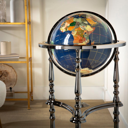 37" Tall Gemstone Globe, Lapis Ocean, Ambassador Gunmetal 3-Leg High Stand — Vault 88