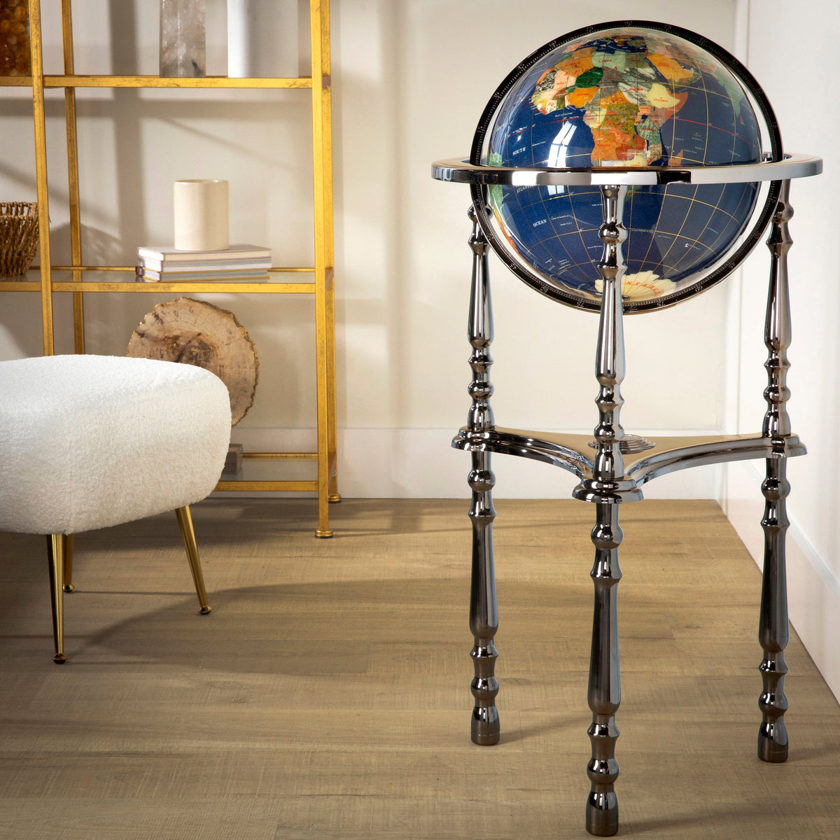 37" Tall Gemstone Globe, Lapis Ocean, Ambassador Gunmetal 3-Leg High Stand — Vault 88