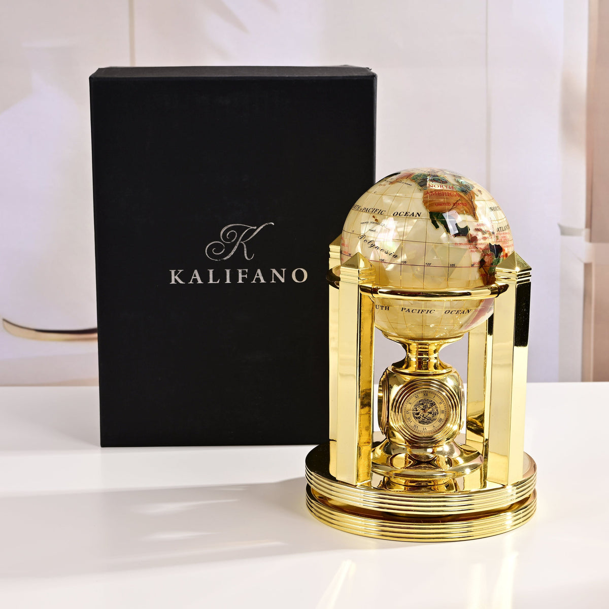 8.5" Tall Gemstone Globe with 4" Mother of Pearl Diamond Cut Ocean on 24k Gold Plated Bi-directional Rotating Stand — Vault 88