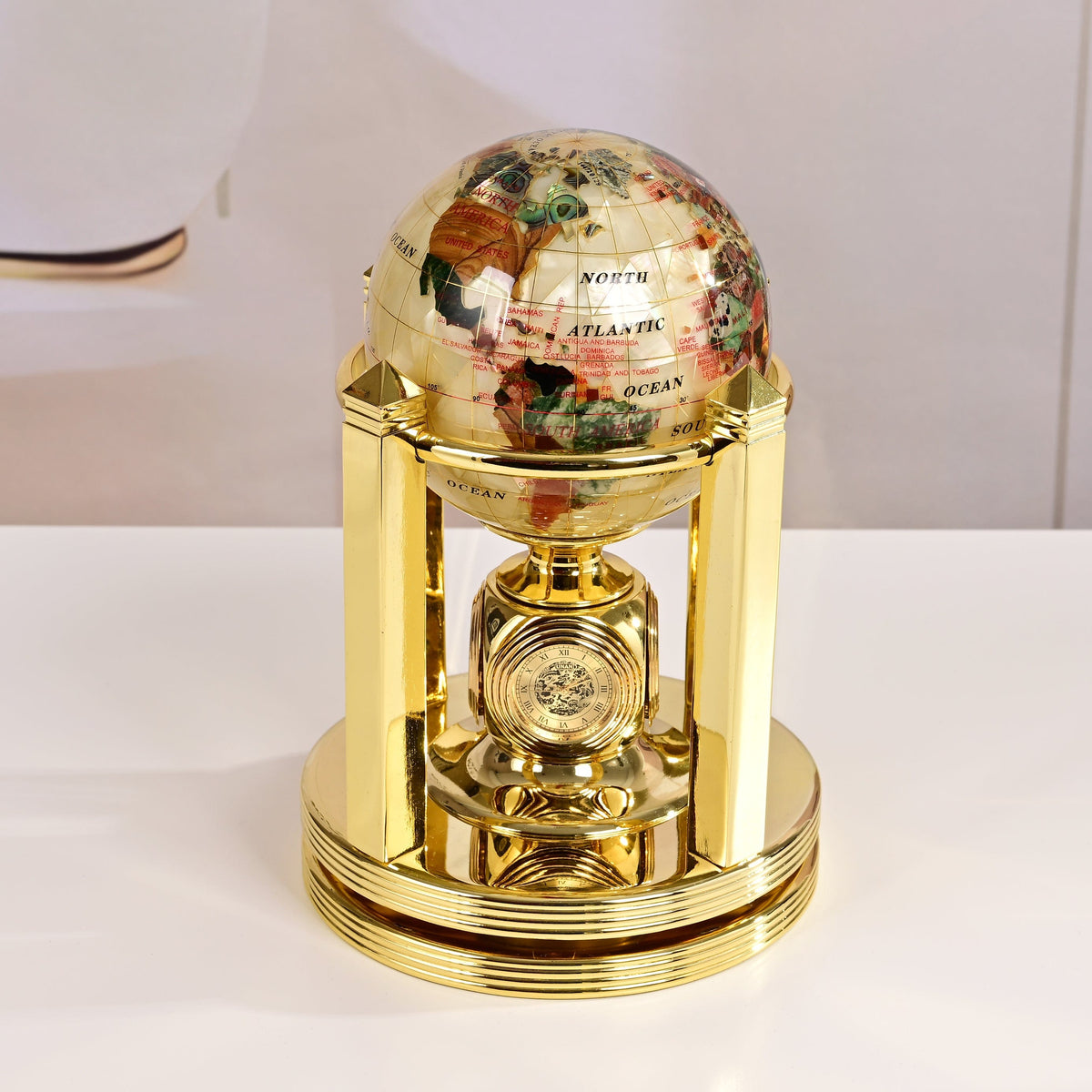 8.5" Tall Gemstone Globe with 4" Mother of Pearl Diamond Cut Ocean on 24k Gold Plated Bi-directional Rotating Stand — Vault 88