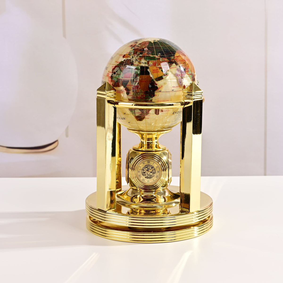 8.5" Tall Gemstone Globe with 4" Mother of Pearl Diamond Cut Ocean on 24k Gold Plated Bi-directional Rotating Stand — Vault 88