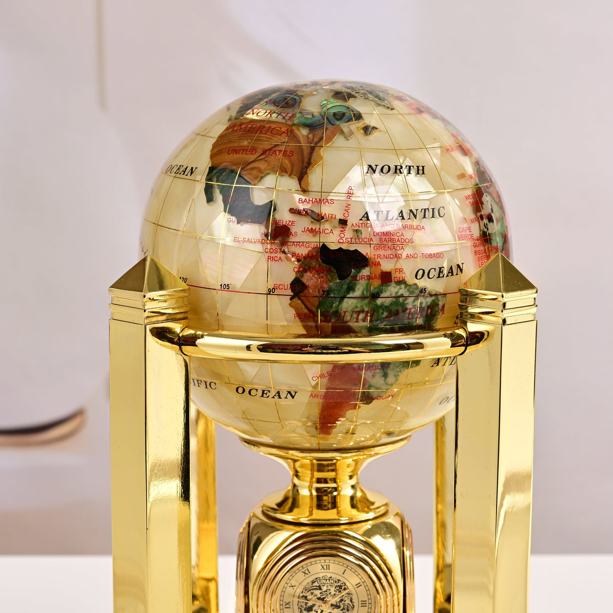 8.5" Tall Gemstone Globe with 4" Mother of Pearl Diamond Cut Ocean on 24k Gold Plated Bi-directional Rotating Stand — Vault 88