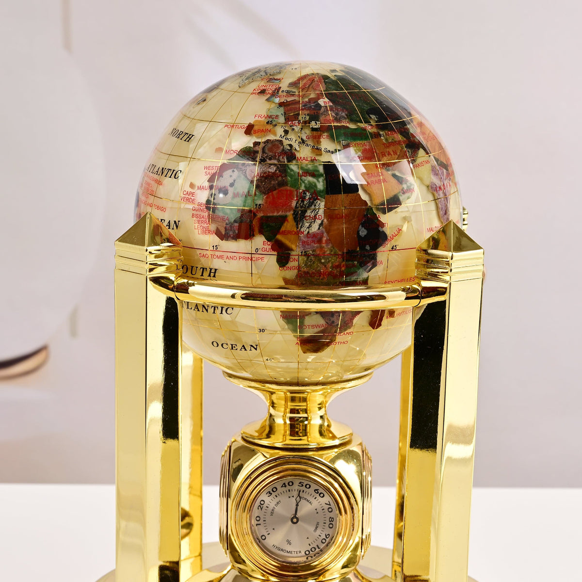 8.5" Tall Gemstone Globe with 4" Mother of Pearl Diamond Cut Ocean on 24k Gold Plated Bi-directional Rotating Stand — Vault 88
