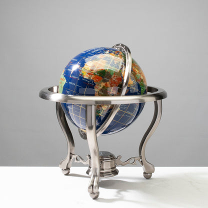 14" Tall Gemstone Globe with 9" Lapis Ocean on Antique Silver Stand — Vault 88