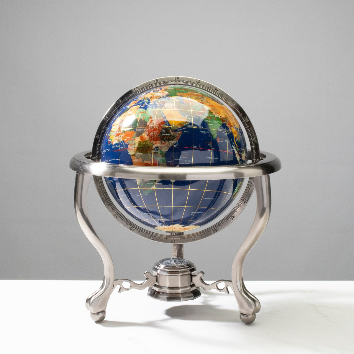 14" Tall Gemstone Globe with 9" Lapis Ocean on Antique Silver Stand — Vault 88