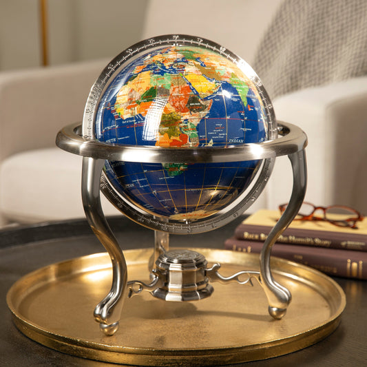 14" Tall Gemstone Globe with 9" Lapis Ocean on Antique Silver Stand — Vault 88