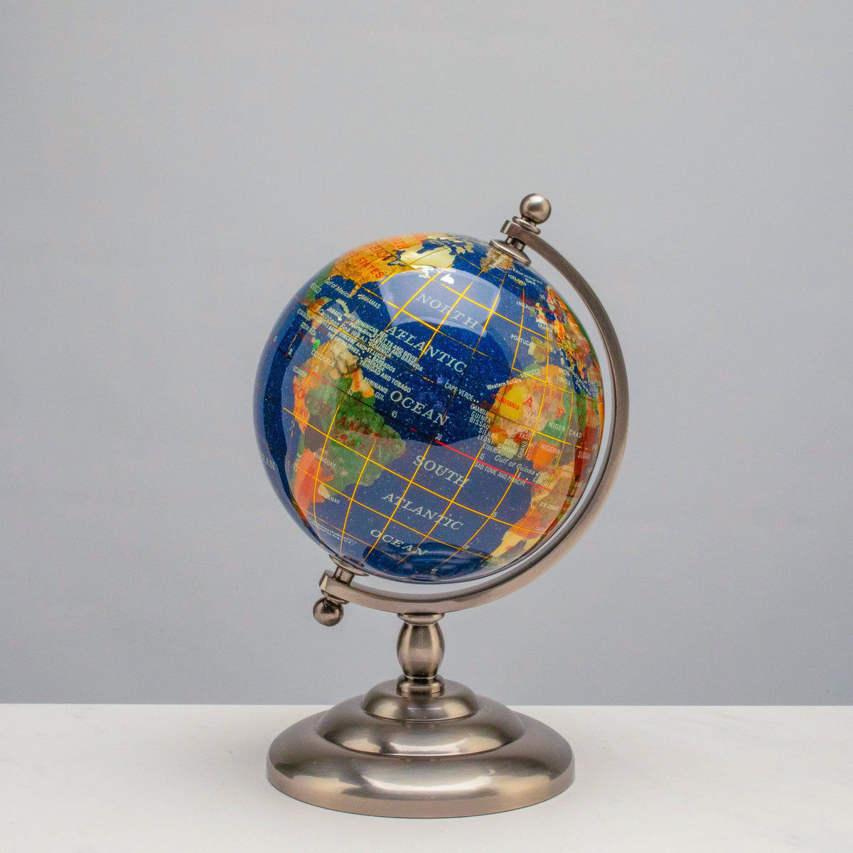 7.25" Gemstone Globe, Lapis Ocean, Antique Silver Stand — Vault 88