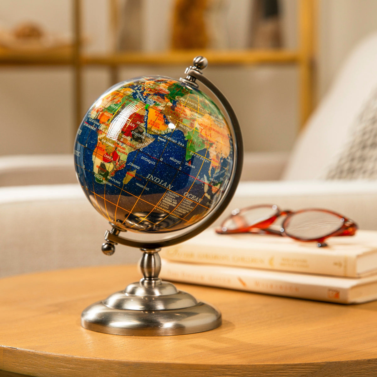7.25" Gemstone Globe, Lapis Ocean, Antique Silver Stand — Vault 88