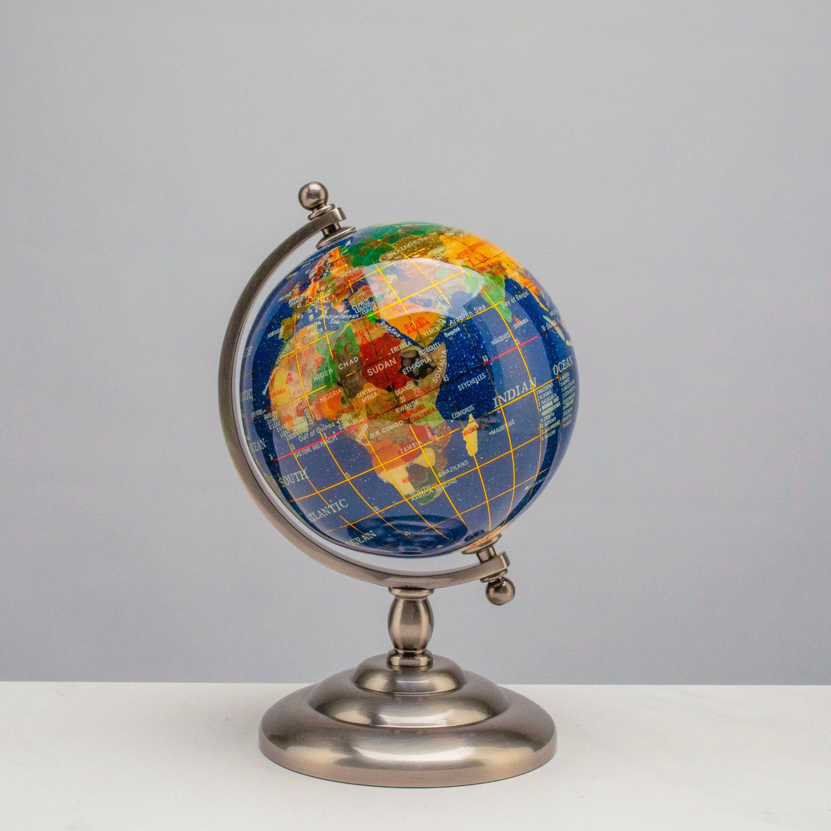 7.25" Gemstone Globe, Lapis Ocean, Antique Silver Stand — Vault 88