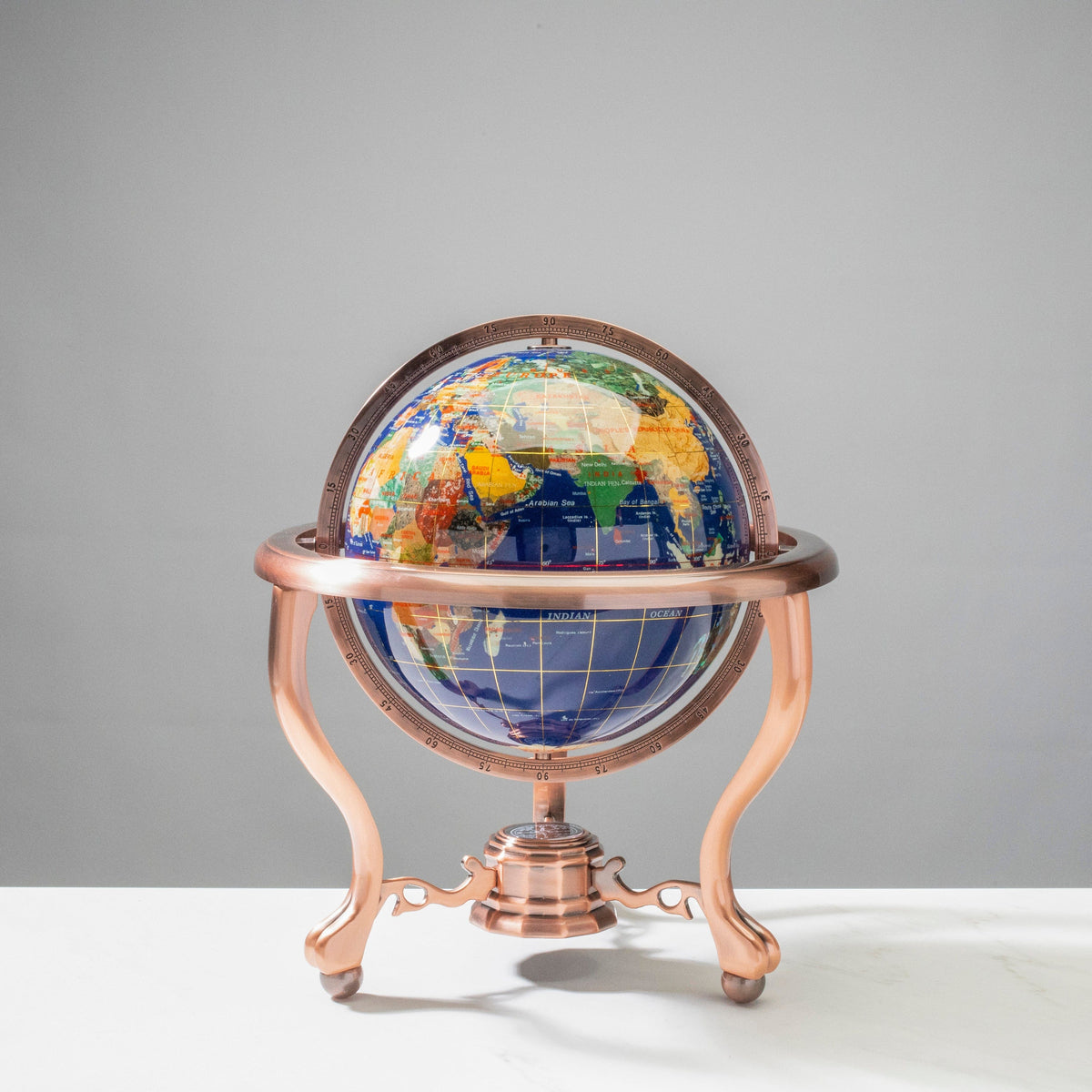 14" Tall Gemstone Globe with 9" Lapis Ocean on Copper Stand — Vault 88