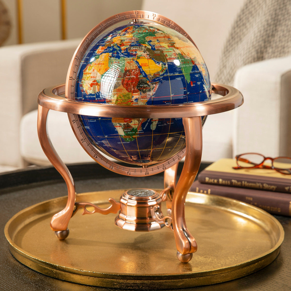 14" Tall Gemstone Globe with 9" Lapis Ocean on Copper Stand — Vault 88