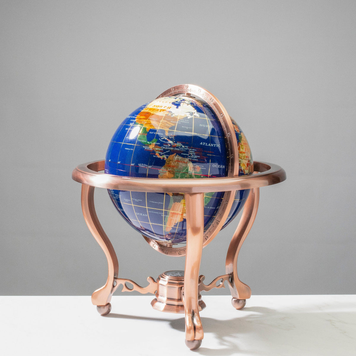 14" Tall Gemstone Globe with 9" Lapis Ocean on Copper Stand — Vault 88