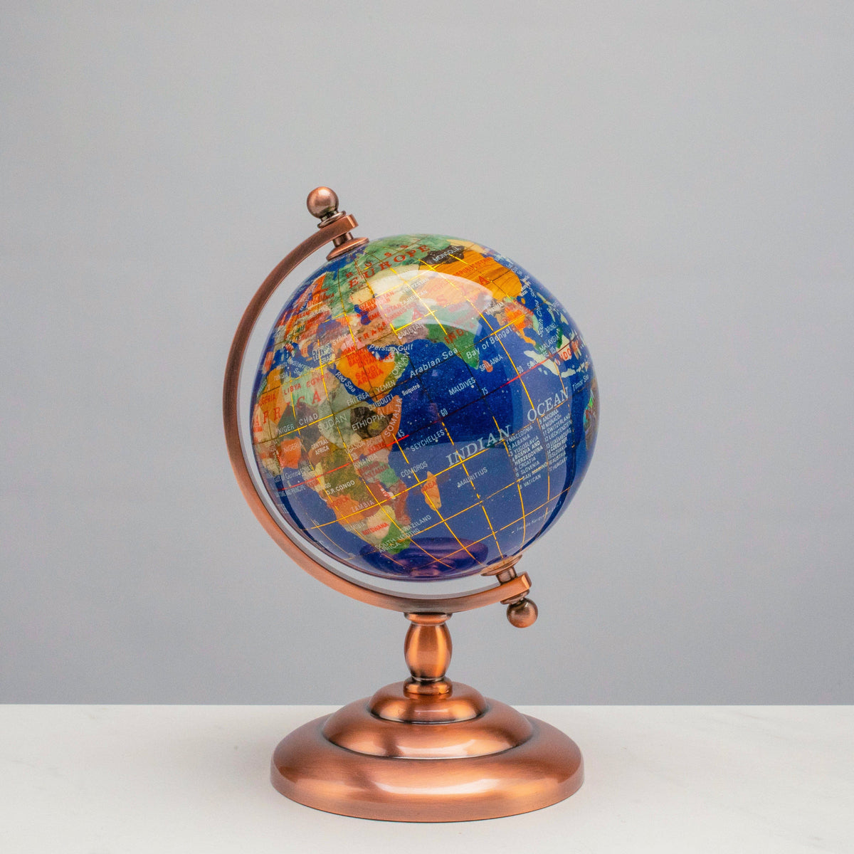 7.25" Gemstone Globe, Lapis Ocean, Copper Stand — Vault 88