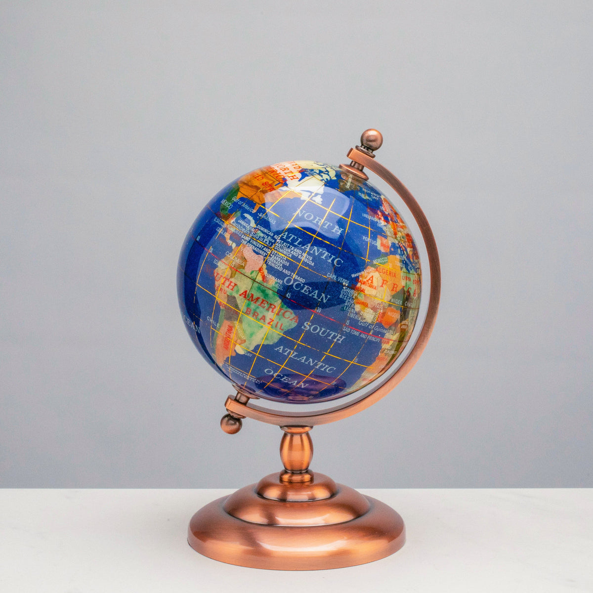7.25" Gemstone Globe, Lapis Ocean, Copper Stand — Vault 88