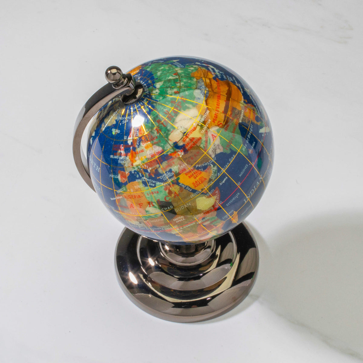 7.25" Gemstone Globe, Lapis Ocean, Gunmetal Stand — Vault 88