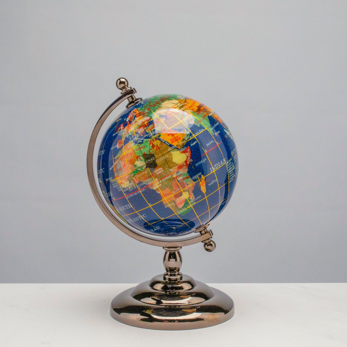 7.25" Gemstone Globe, Lapis Ocean, Gunmetal Stand — Vault 88