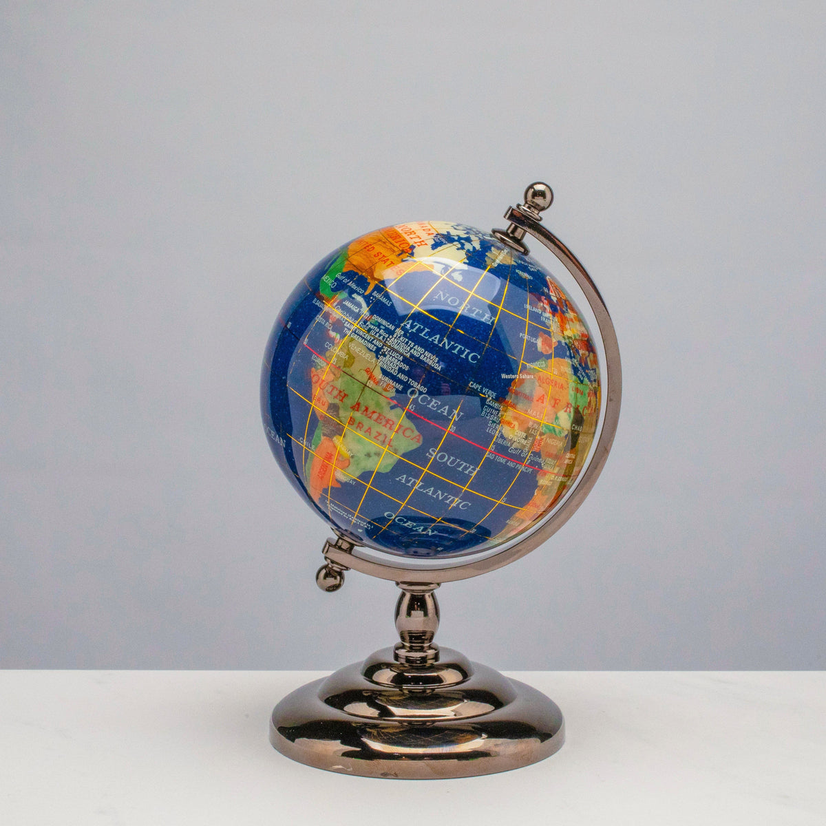 7.25" Gemstone Globe, Lapis Ocean, Gunmetal Stand — Vault 88