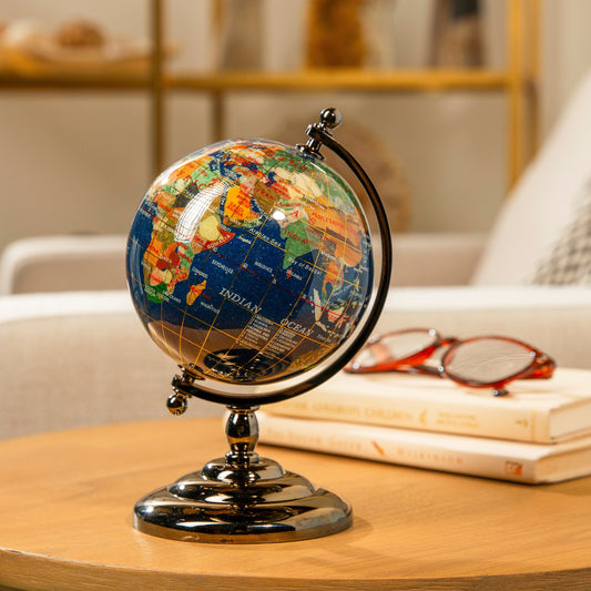 7.25" Gemstone Globe, Lapis Ocean, Gunmetal Stand — Vault 88