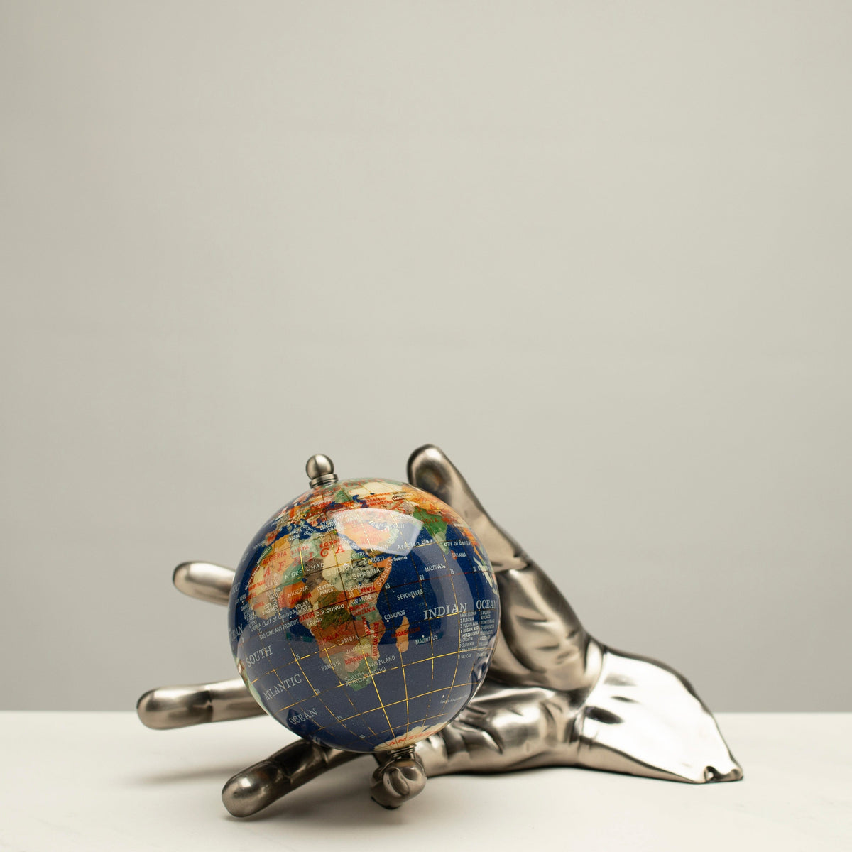 World In Your Hand - Gemstone Globe with Lapis Ocean Embraced with Antique Silver Base — Vault 88