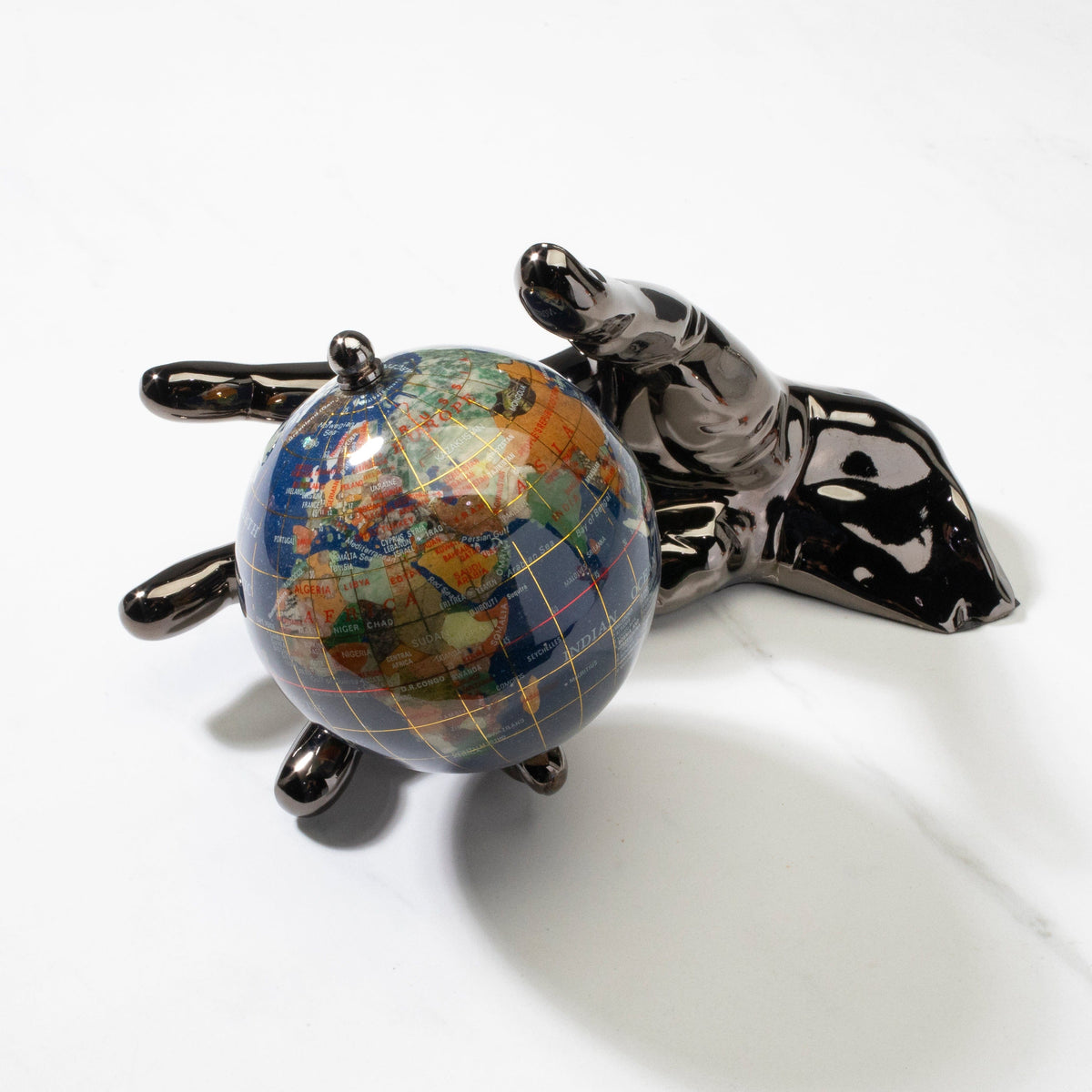 World In Your Hand - Gemstone Globe with Lapis Ocean Embraced with Gun Metal Base — Vault 88