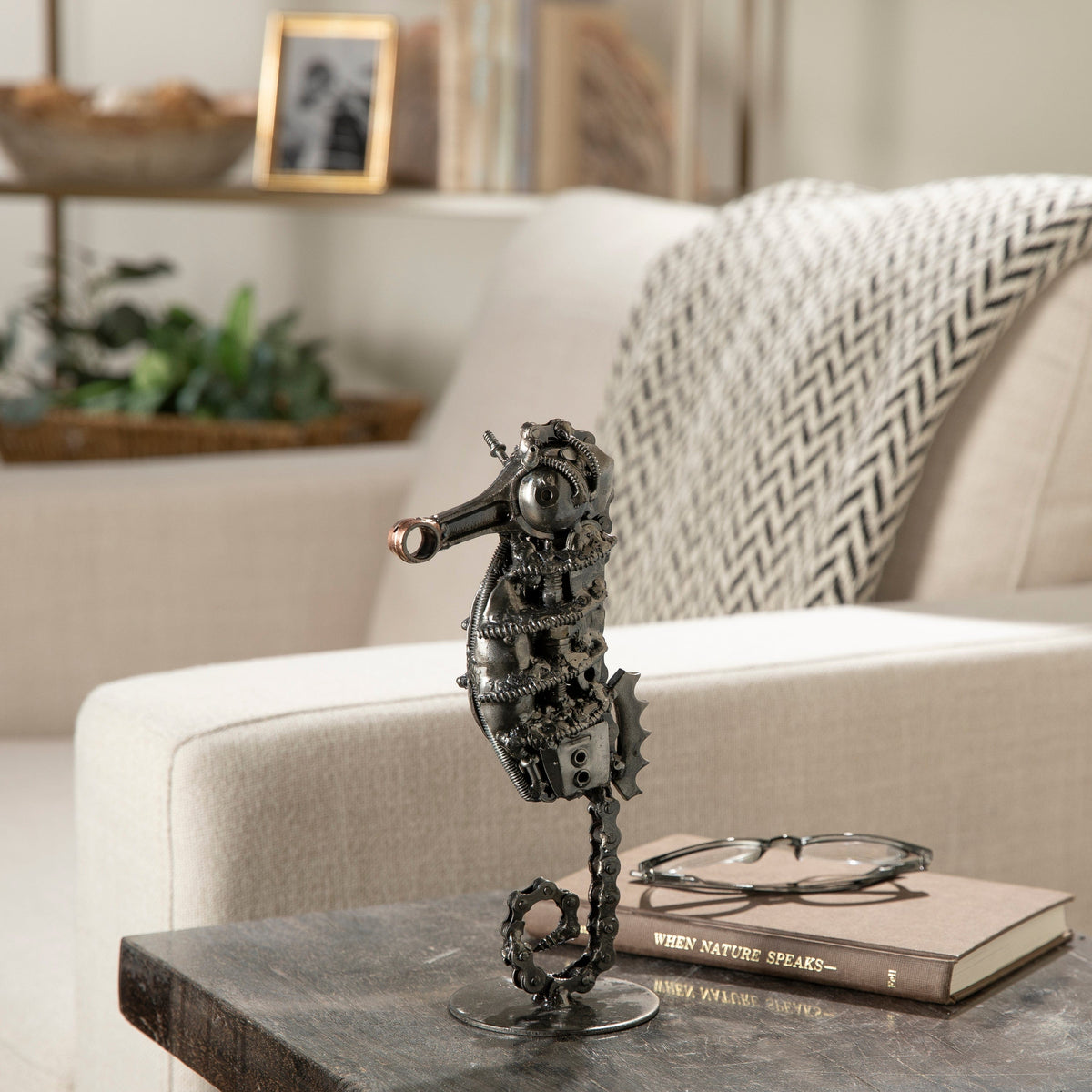 10" Seahorse Inspired Recycled Metal Sculpture — Vault 88 recycled metal art