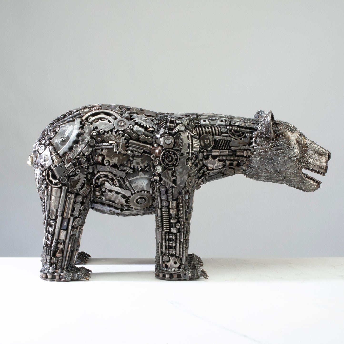 Bear metal sculpture angle view