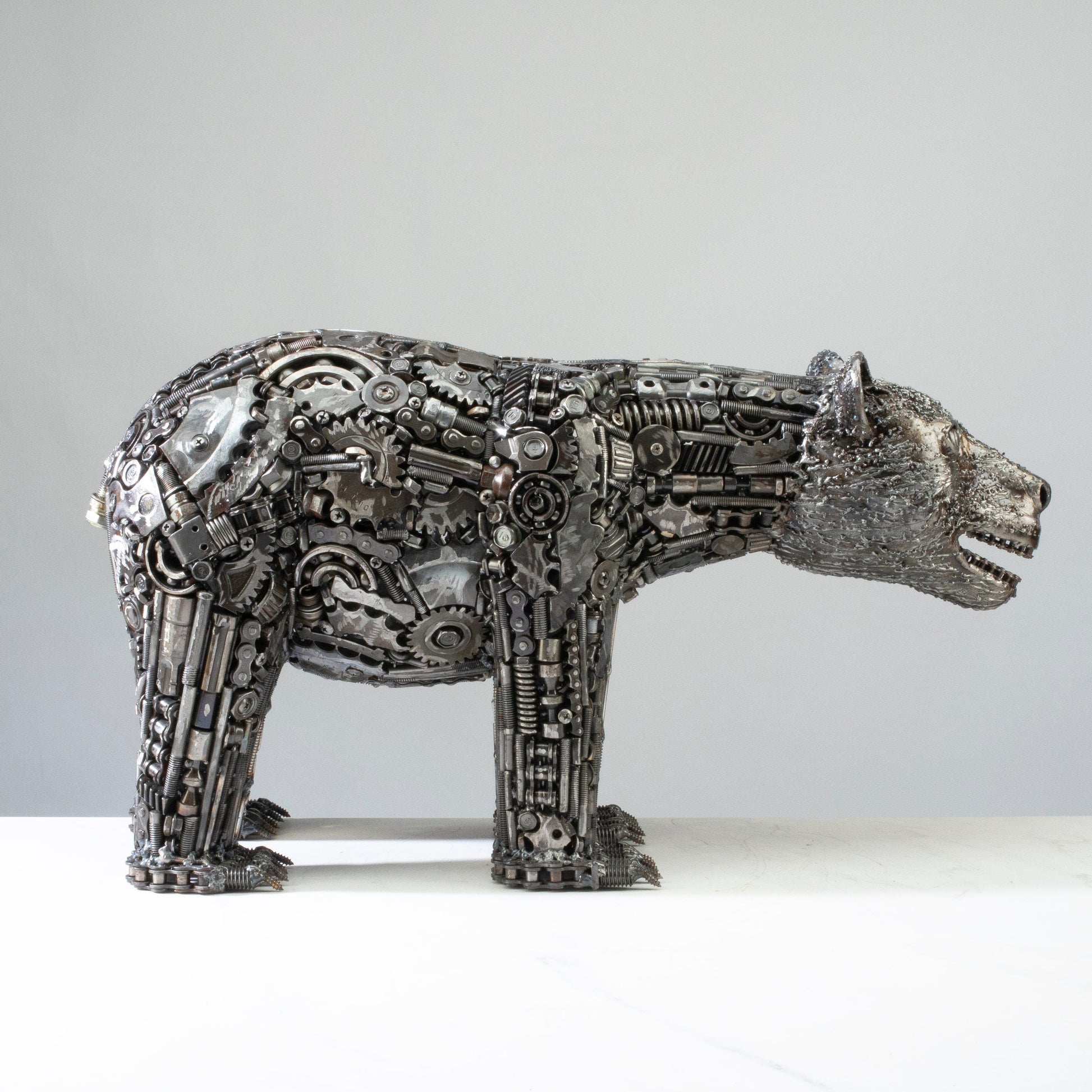 Bear metal sculpture angle view