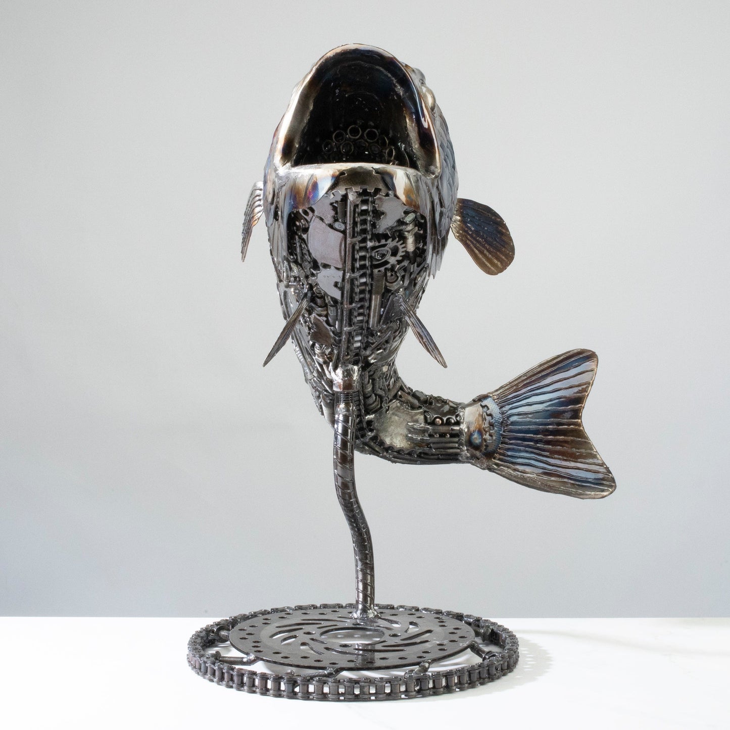 Koi fish metal sculpture front view